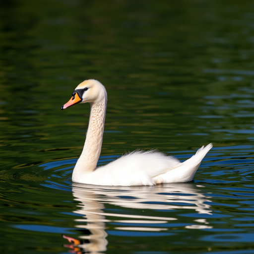 A young swan swimming in tranquil waters, captured with a Canon EOS 5D Mark IV at f/8, ISO 100, 1/250 sec, using a 70-200mm lens, in soft natural light to enhance details and colors, with a shallow depth of field to blur the background.