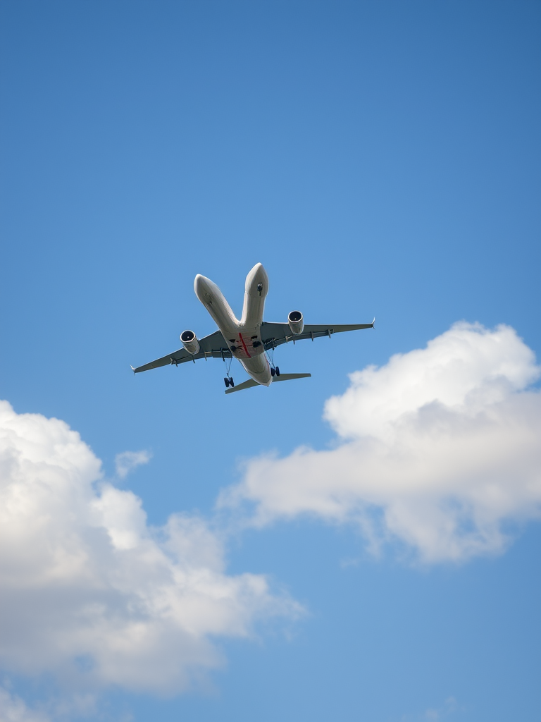 airplane taking off in a clear sky with fluffy clouds in the background, captured with a Canon EOS R5 at ISO 100, f/8, 1/1000 sec, using a wide-angle lens, from a low angle perspective to emphasize upward motion and detail in the aircraft