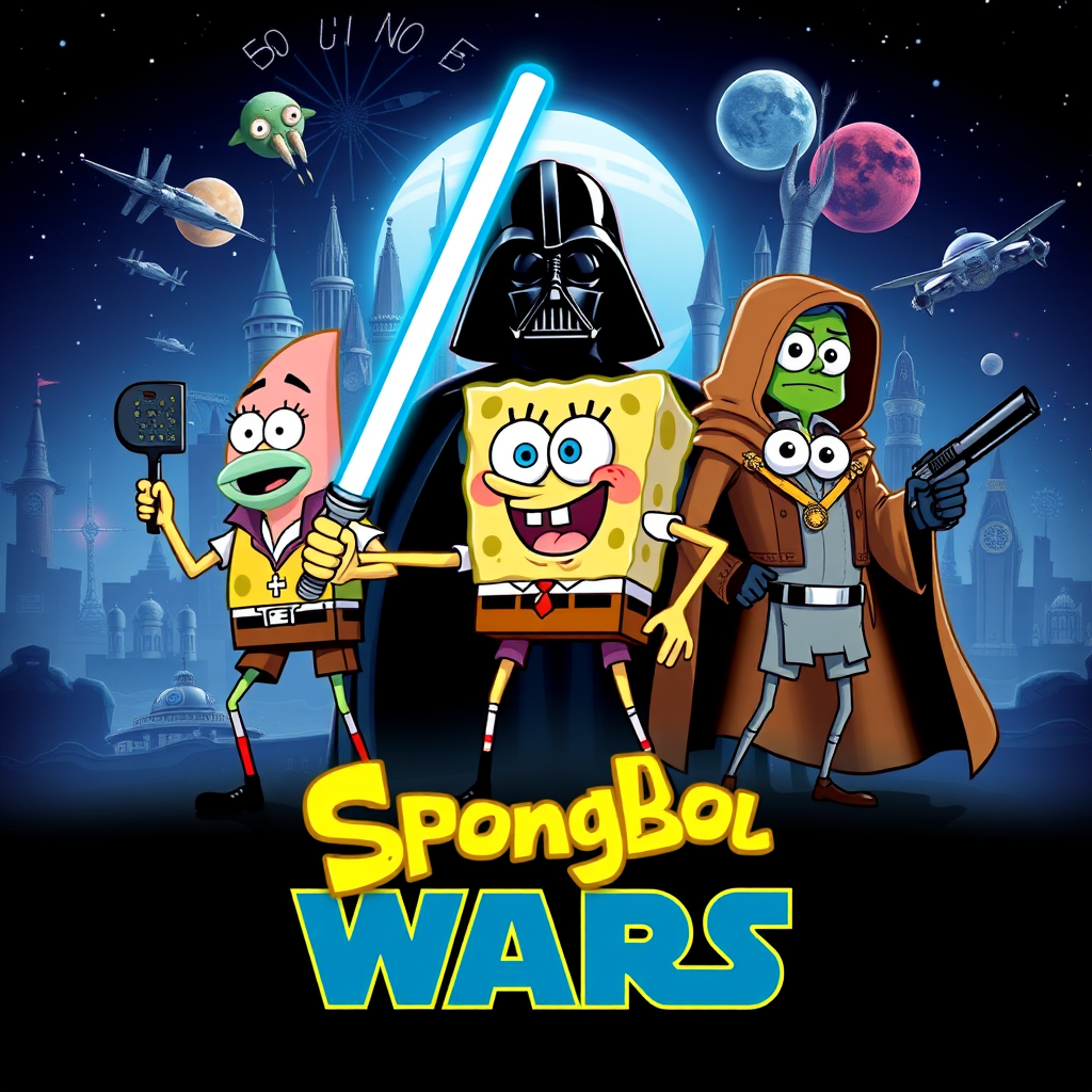 Create a parody of the Star Wars poster with SpongeBob as Luke Skywalker, holding a glowing spatula like a lightsaber. Patrick Star takes the role of Han Solo, holding a blaster, while Squidward is Obi-Wan Kenobi, draped in robes. In the background, Plankton appears as Darth Vader, with Bikini Bottom’s landmarks reimagined as spaceships and planets. The iconic Star Wars logo is swapped for "Sponge Wars," creating a playful, sci-fi adventure scene.