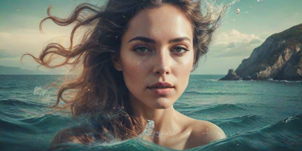 create Book cover, A surreal double exposure portrait that blends a woman's face with a beautiful seascape. The overall mood is dreamy and mystical, with rich colors and intricate details