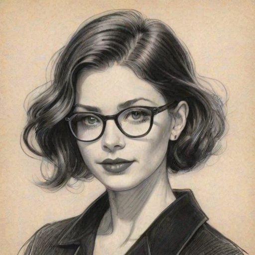 Gorgeous Michele Trachtenberg, pencil sketch, portrait of Lovely woman 1921s in glasses, hair style beatnik, outline, clear lines, fine lines, 8k