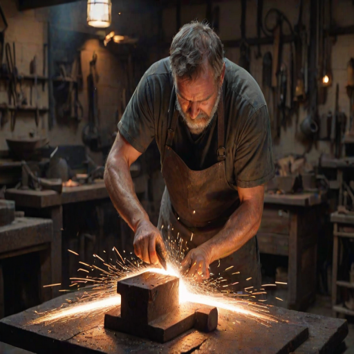 Sharp, detailed image of a blacksmith forging a glowing piece of metal, sparks flying from the anvil, with soft light illuminating the sweat on his brow and worn tools scattered around the workshop.