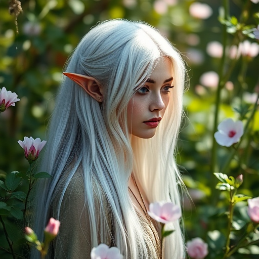 Create an image of an ethereal elf with long silver hair, surrounded by lush greenery and delicate pink flowers, captured in soft natural light with a shallow depth of field, 85mm lens at f/1.8, using a mirrorless camera for high detail and quality.