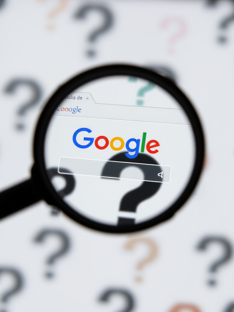 Close-up of a magnifying glass focusing on the Google homepage with a blurred background of question marks, using a DSLR camera, f/2.8 aperture, 50mm lens, ISO 100, natural lighting.