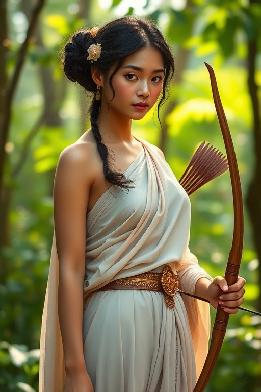 Create a portrait of a goddess-like Indonesian girl figure in a tranquil, forested environment. She has an elegant appearance with long, wavy hair styled in an updo and adorned with a delicate, floral headband. She wears a flowing, ancient Greek-inspired gown in a soft, pale color, featuring a one-shoulder design and draped fabric that accentuates her graceful form. The outfit includes a decorative belt with ornate gold detailing, and she holds a bow in her hand, with a quiver of arrows slung over her shoulder. The background depicts lush greenery, with sunlight filtering through the trees, casting a gentle, ethereal light on the scene. Her expression is calm and contemplative, embodying a sense of wisdom and serenity.