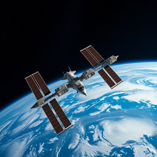 Create a high-resolution image of the International Space Station and a Space Shuttle orbiting Earth, captured with a Canon EOS R5, 24mm f/1.4 lens, aperture f/8, ISO 100, 1/200s shutter speed, with a wide-angle view for enhanced detail and clarity.