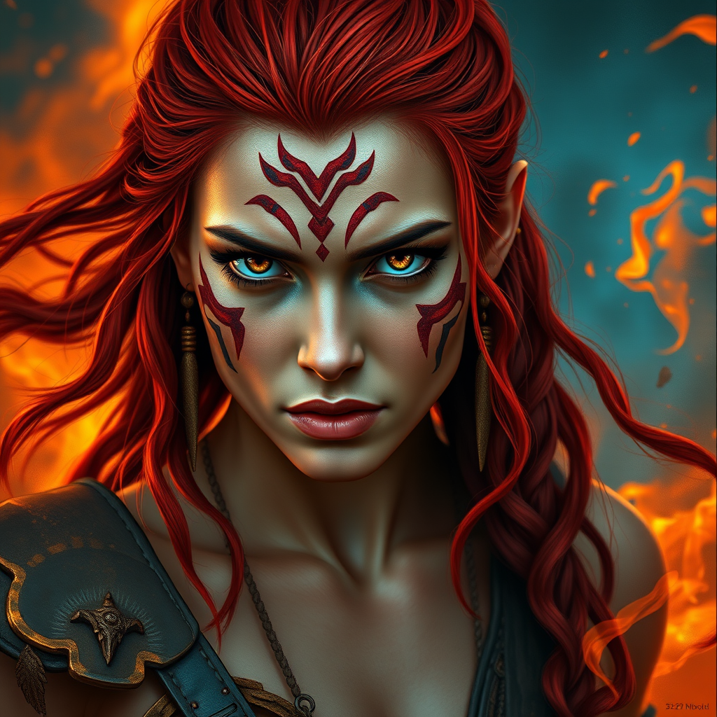 Create a highly detailed digital painting of a fierce warrior woman with red hair and tribal markings, surrounded by a fiery orange and blue background, shot with a Canon EOS R5 at f/1.8, ISO 100, 50mm lens, in portrait orientation using a cinematic style.