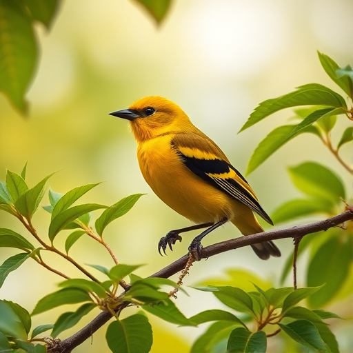 a vibrant yellow bird with black accents perched on a branch surrounded by lush green leaves and a soft blurred background