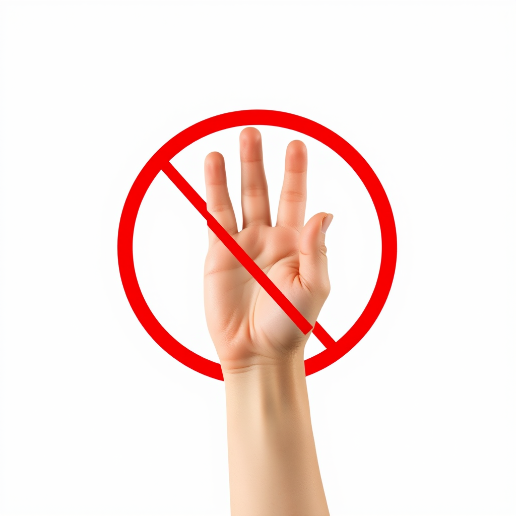Create an image of a stop hand symbol with a red circle border and diagonal line over a hand, using a DSLR camera, 50mm lens, f/2.8 aperture, natural lighting, high resolution, with a clear focus on the symbol against a plain white background.