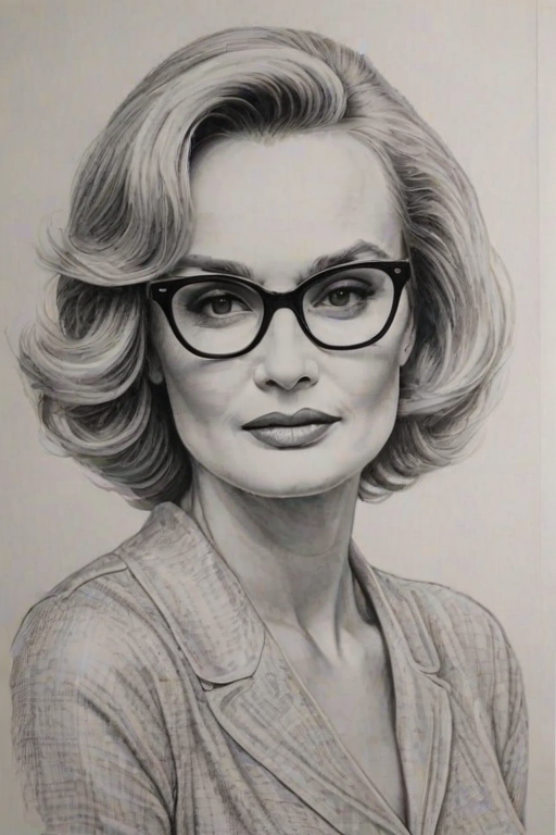 Elegant Jessica Lange, pencil sketch, portrait of Ravishing woman 1962s in glasses, hair style beatnik, outline, clear lines, fine lines, 8k