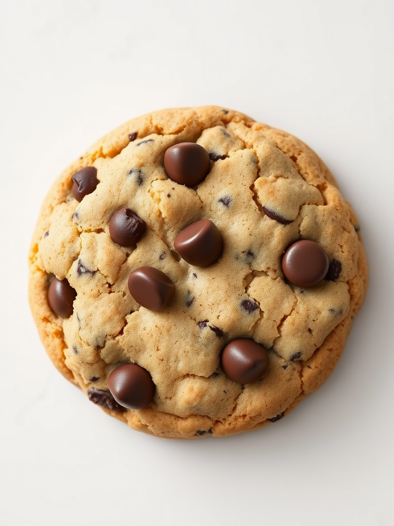 Render a top-down view of a chocolate chip cookie with a textured surface and five chocolate chips, using a DSLR camera at f/4 aperture, ISO 100, with a 50mm lens, in natural light for enhanced details and quality.