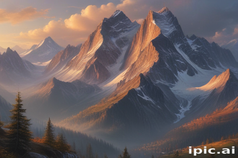 Majestic Mountain Range Bathed in Golden Light During Sunset