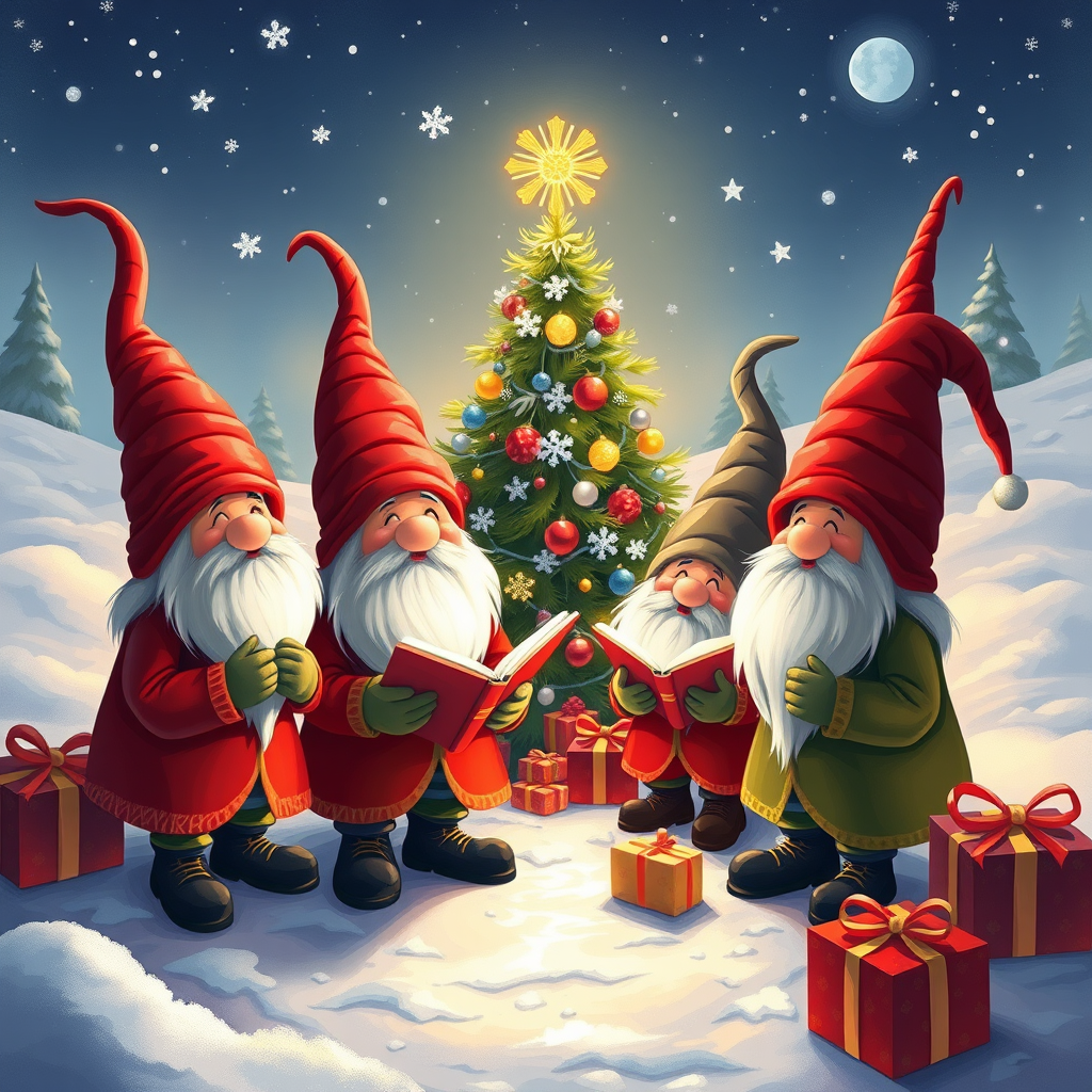 Generate an illustration of a group of gnomes singing carols in a snowy landscape with a Christmas tree and presents, using a Canon EOS R5, aperture f/8, ISO 200, 24mm lens, wide-angle view, digital painting style.