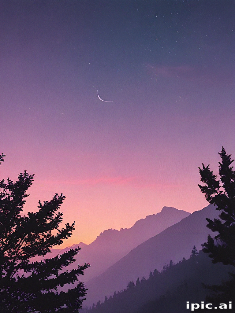 Serene Twilight Over Majestic Mountains with a Glistening Crescent Moon