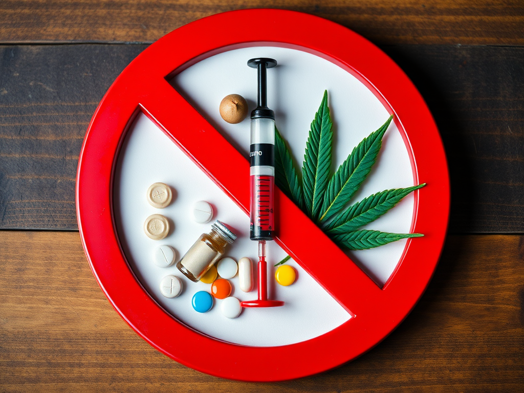 Create a high-resolution image of a circular anti-drug symbol featuring a crossed-out syringe, pills, marijuana leaves, and a bottle, using a Canon EOS R5, aperture f/4, ISO 100, and a focus on vibrant colors and sharp details.