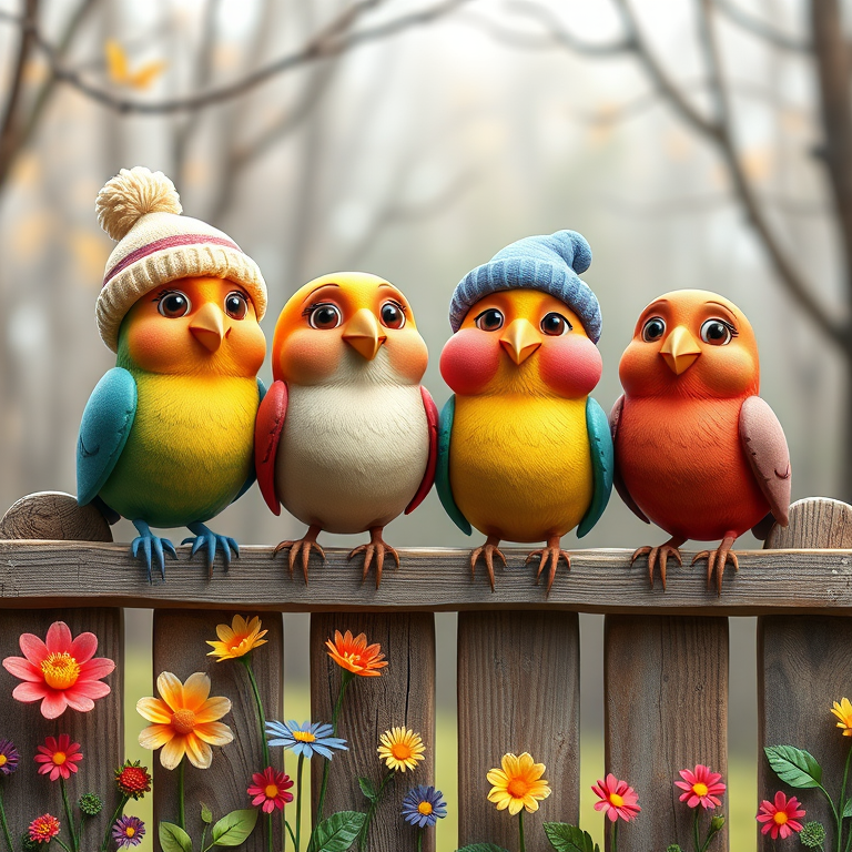 create a scene of 4 quirky  whimsical colourful comical birds each with a funny expression. they are sat on a wooden fence with colourful flowers. they are all different sizes. each one is a different colour  one is wearing a woolly hat. Each one has a different quirky google expression and there is a muted background of trees watercolour paintierly style high definition 8k resolution 3D paper mache
