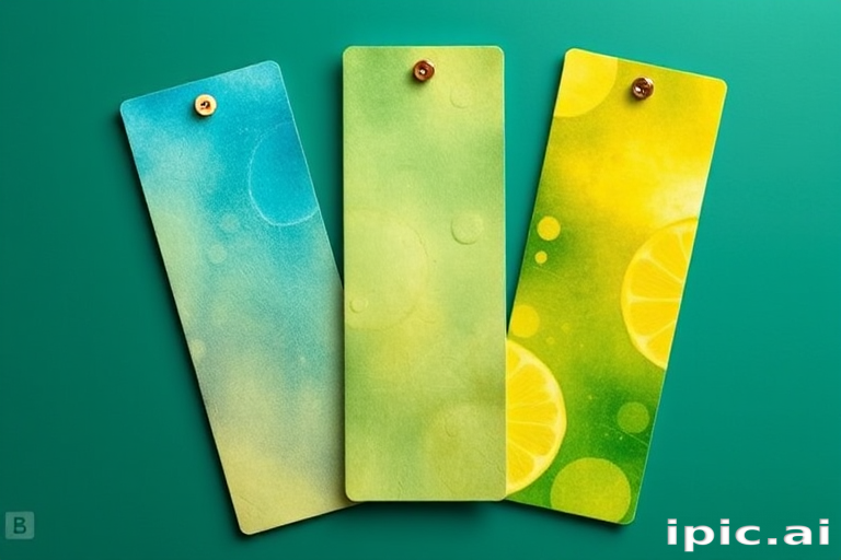 create a photo of Three bookmarks with a realistic picture of a "yellow, blue and green",