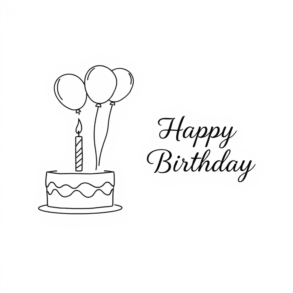Create a simple line drawing of a birthday scene featuring a cake with a candle and three balloons on the left side with the text Happy Birthday elegantly styled on the right side against a plain white background.