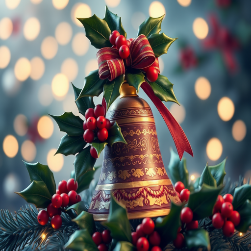Create an artistic illustration of a decorated bell surrounded by holly leaves and red berries on a festive background with soft glowing lights, captured with a DSLR camera at f/2.8 aperture, ISO 100, with a shallow depth of field in portrait orientation to enhance focus on the bell.