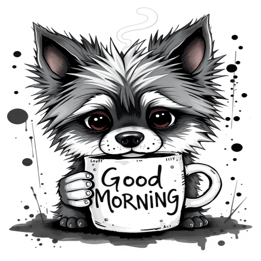 A quirky, artistic illustration of a disheveled aussiepom dog breed with exaggerated, large eyes and spiky fur, holding a coffee mug that reads "Good Morning". The dog has a tired but humorous expression, with ink splatters and abstract details surrounding it, giving a whimsical feel to the image. The color palette is mostly monochrome with hints of black in the eyes and steam rising from the mug, enhancing the overall sleepy vibe