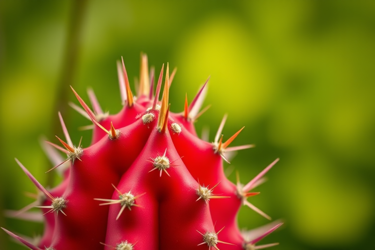 macro shot of a vibrant red cactus with sharp spikes and blurred green background, 50mm lens, aperture f/2.8, ISO 100, natural light, DSLR camera, shallow depth of field