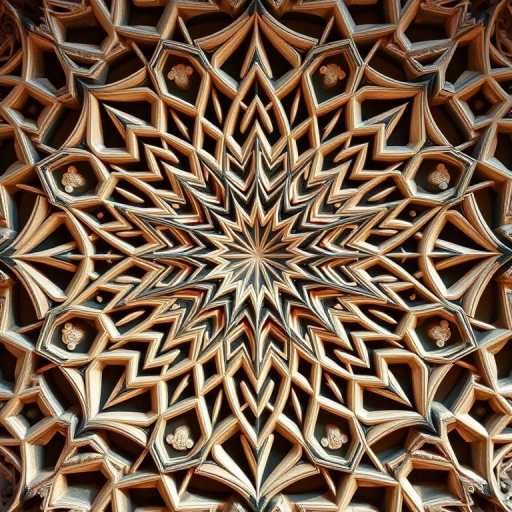 A high-resolution image of an intricate geometric pattern, shot with a Canon EOS R5, 50mm lens, f/2.8 aperture, ISO 100, positioned at eye level with a centered composition and natural lighting.