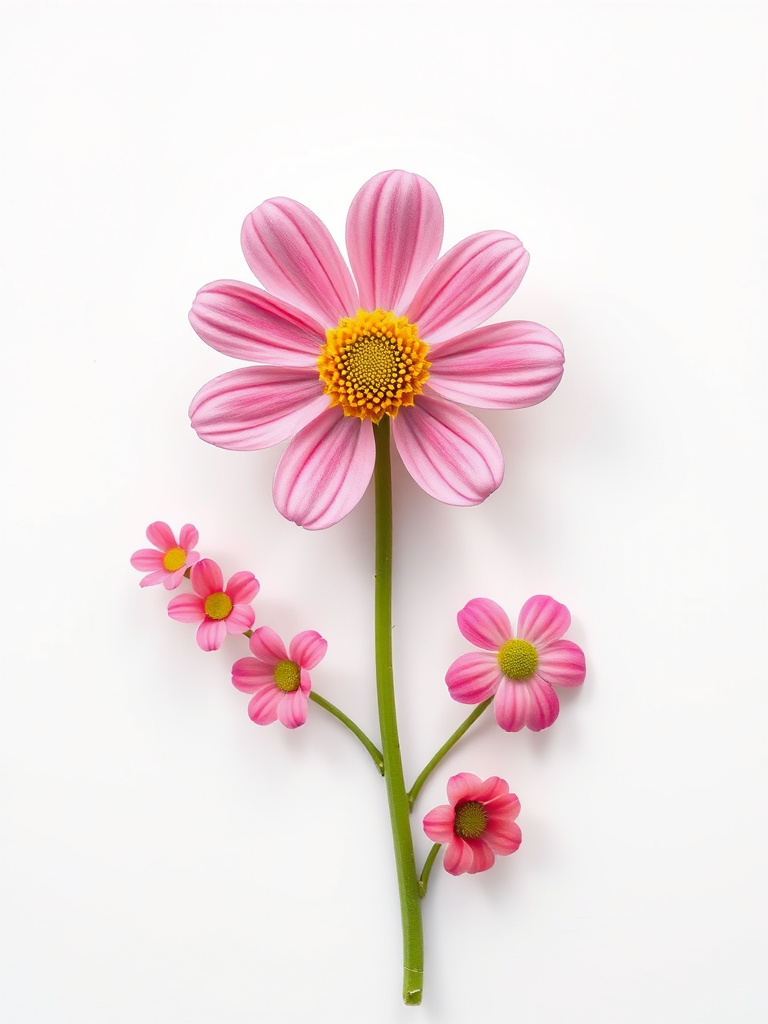 Create an image of a simple, whimsical floral design featuring a large pink flower with a yellow center and several smaller pink flowers along a green stem, include a white background, use a Canon EOS R5, aperture f/2.8, shutter speed 1/200s, ISO 100, top-down view, soft focus style for an artistic touch.