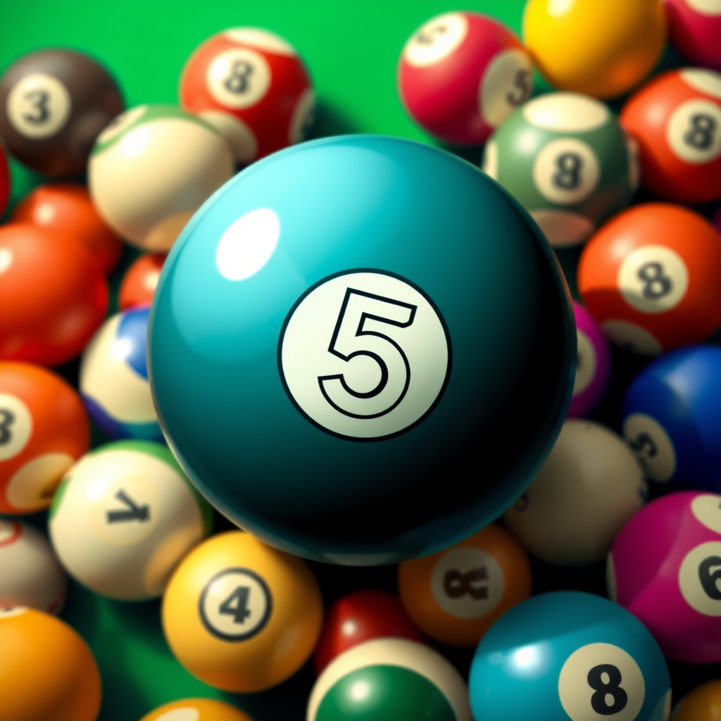 Create a vibrant illustration of a number 5 billiard ball in the center, surrounded by various colored balls, ensure high contrast and clarity, use a DSLR camera style with f/8 aperture, 50mm lens, ISO 100, and a top-down view for detailed texture and colors.