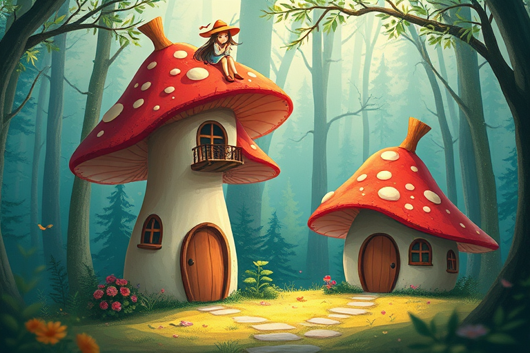 Create a whimsical illustration of two oversized toadstool houses in a magical forest setting with a girl sitting on top of one, using a DSLR camera with a 50mm lens at f/1.8, 1/250 sec, ISO 100, capturing vibrant colors and intricate details in a soft focus style.