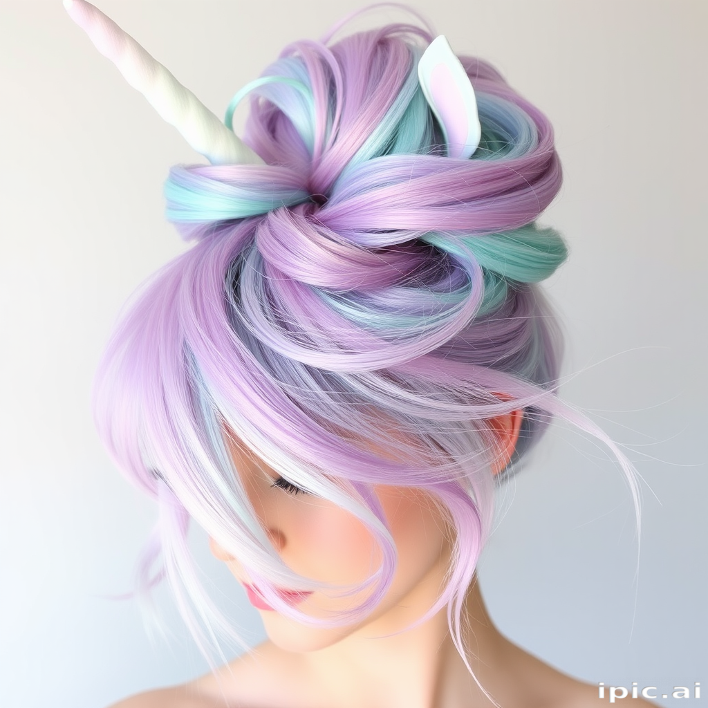 Ethereal pastel rainbow unicorn hair styled in a high messy bun, Whimsical Dreamscape look, blending soft hues of lavender, mint, baby blue, and pale pink in a swirling pattern with wispy tendrils framing the face