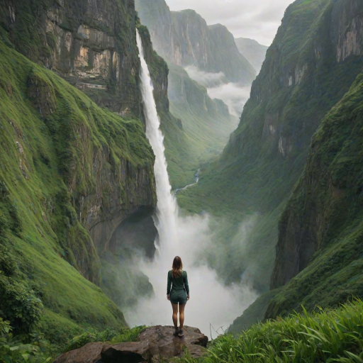 Lush green valley, surrounded by towering cliffs, with a woman standing at the edge of a waterfall, the mist rising around her as she takes in the view.