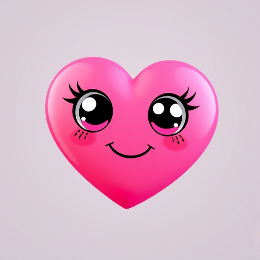 Create a cute, cartoonish heart character with large eyes and a smiling face, bright pink color and white outline, shot with a Canon EOS R5, 50mm lens, f/1.8 aperture, ISO 100, in a soft focus style.