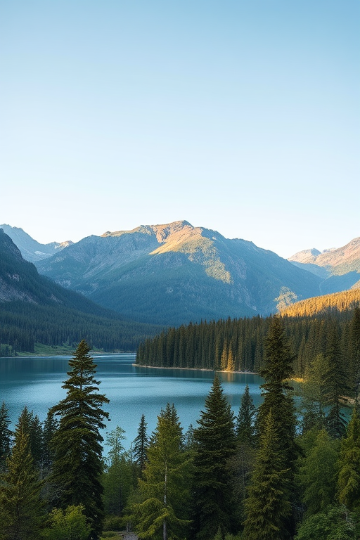 create a high-quality image of a serene landscape featuring a tranquil lake surrounded by lush green forests and mountains in the background, shot with a Canon EOS R5, 24mm, f/8 aperture, ISO 100, 1/125 sec, wide-angle view for enhanced depth and detail.