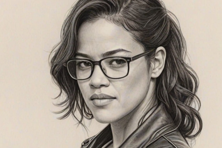 Graceful Michelle Rodriguez, pencil sketch, portrait of Enchanting woman 1975s in glasses, hair style beatnik, outline, clear lines, fine lines, 8k