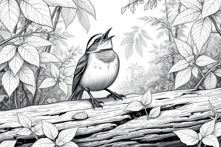 Generate a detailed black and white illustration of a singing bird perched on a log surrounded by lush foliage, using a high-resolution setting with a 50mm lens, f/8 aperture, ISO 100, and a shallow depth of field to enhance image clarity and texture.