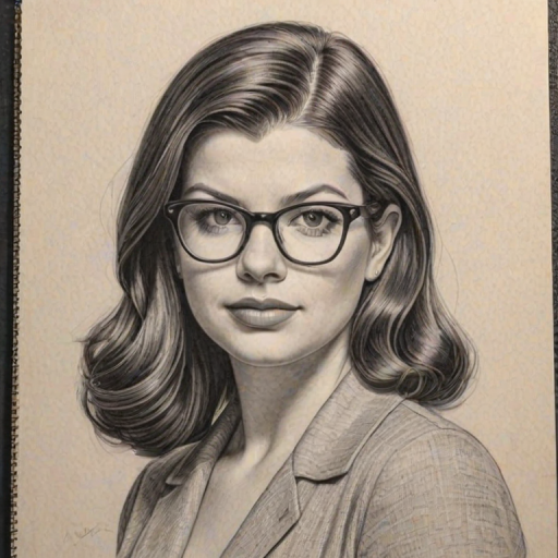 Exquisite Casey Wilson, pencil sketch, portrait of Fascinating woman 1939s in glasses, hair style beatnik, outline, clear lines, fine lines, 8k