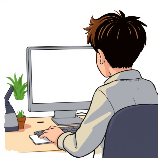 Create a digital illustration of a person sitting at a desk, looking at a blank computer monitor, use a 35mm lens, aperture f/2.8, ISO 100, natural lighting, frontal view, digital art style.