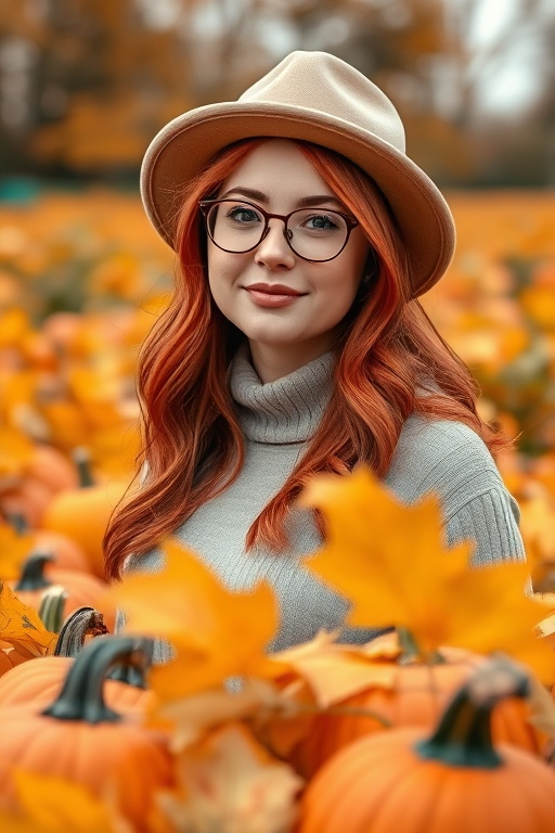 A woman with red hair wearing glasses and a beige hat standing in a pumpkin patch surrounded by autumn leaves, shot with a Canon EOS R5, 50mm lens, f/1.8 aperture, ISO 100, soft focus background for depth, warm tones, and natural lighting.
