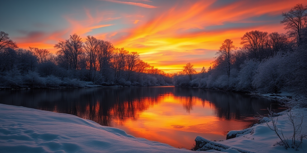A serene winter landscape featuring a still river reflecting a vibrant sunset with orange and blue hues, surrounded by frosted trees, shot with a Canon EOS 5D Mark IV at f/11, 1/125s, ISO 100, using a wide-angle lens from a low angle to capture the water's surface and foreground snow details.