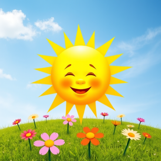Create an image shows a bright, sun with a smiling baby's face in the center, radiating soft yellow rays. The sun is set against a clear blue sky with a few wispy clouds. Below, there's a lush green grassy hill with colorful, oversized flowers, giving the scene a whimsical, playful atmosphere.