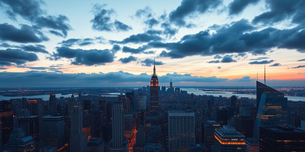 New York City skyline at dusk with vibrant city lights and clouds, captured with a DSLR camera, 24mm lens, f/8 aperture, ISO 100, 1/60 sec exposure, aerial view for enhanced depth and clarity.