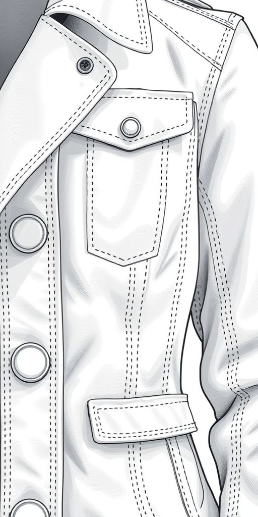 Create a highly detailed illustration of a white jacket with a structured design, showcasing intricate stitching and button details, captured in a close-up view using a DSLR camera with a 50mm lens, f/1.8 aperture, ISO 100, and natural lighting to enhance texture and contrast.