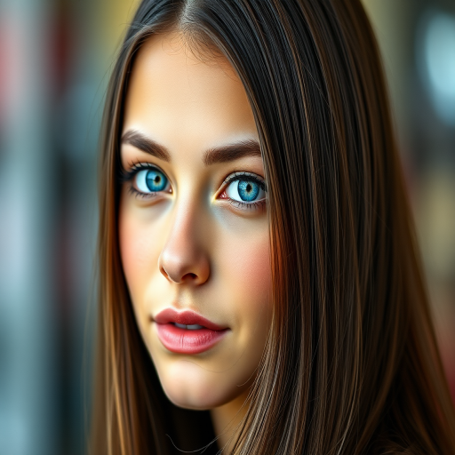 Create a hyper-realistic portrait of a young woman with long, straight hair and striking blue eyes, soft bokeh background with vibrant colors, 85mm lens, f/1.4 aperture, ISO 100, natural light, shot with a DSLR camera.