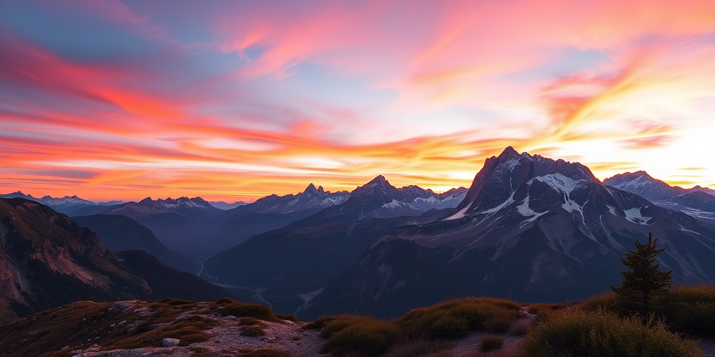 Create a high-resolution image of a mountain landscape at sunset with vibrant colors, use a DSLR camera, 24mm lens, aperture f/8, shutter speed 1/125 sec, ISO 200, shot from a low angle for dramatic perspective.