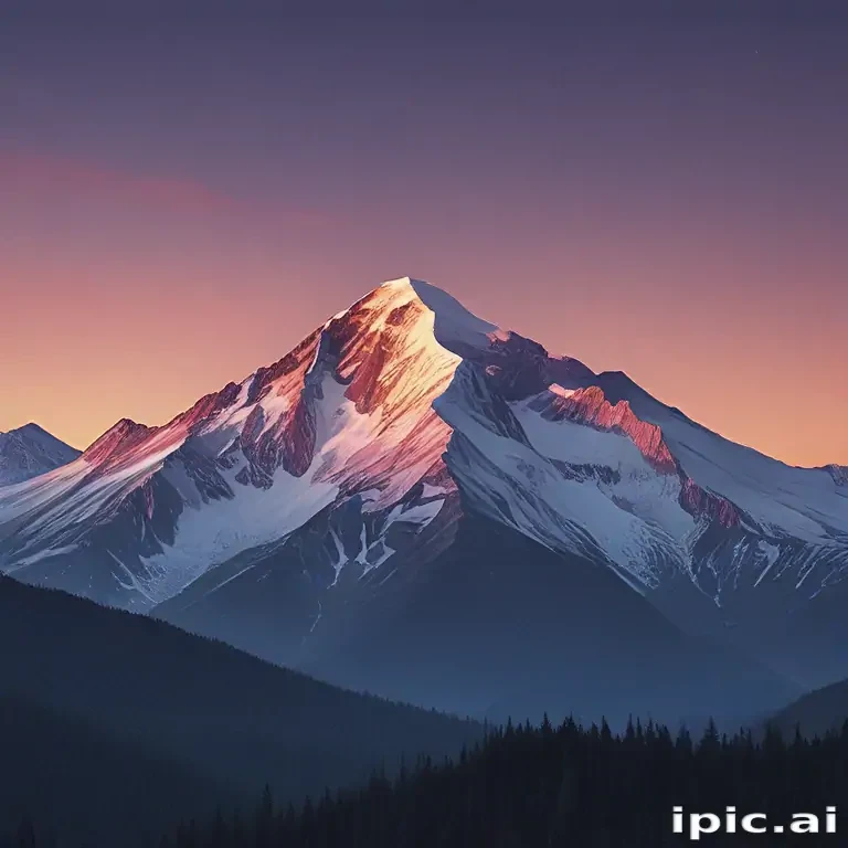 Majestic Mountain Peak Bathed in Warm Sunset Light Over Serene Landscape.