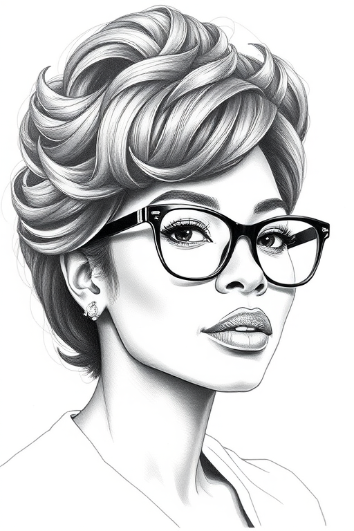 Beautiful Viola Davis, pencil sketch, portrait of beautiful woman 60s in glasses, hair style beatnik, outline, clear lines, fine lines, 8k