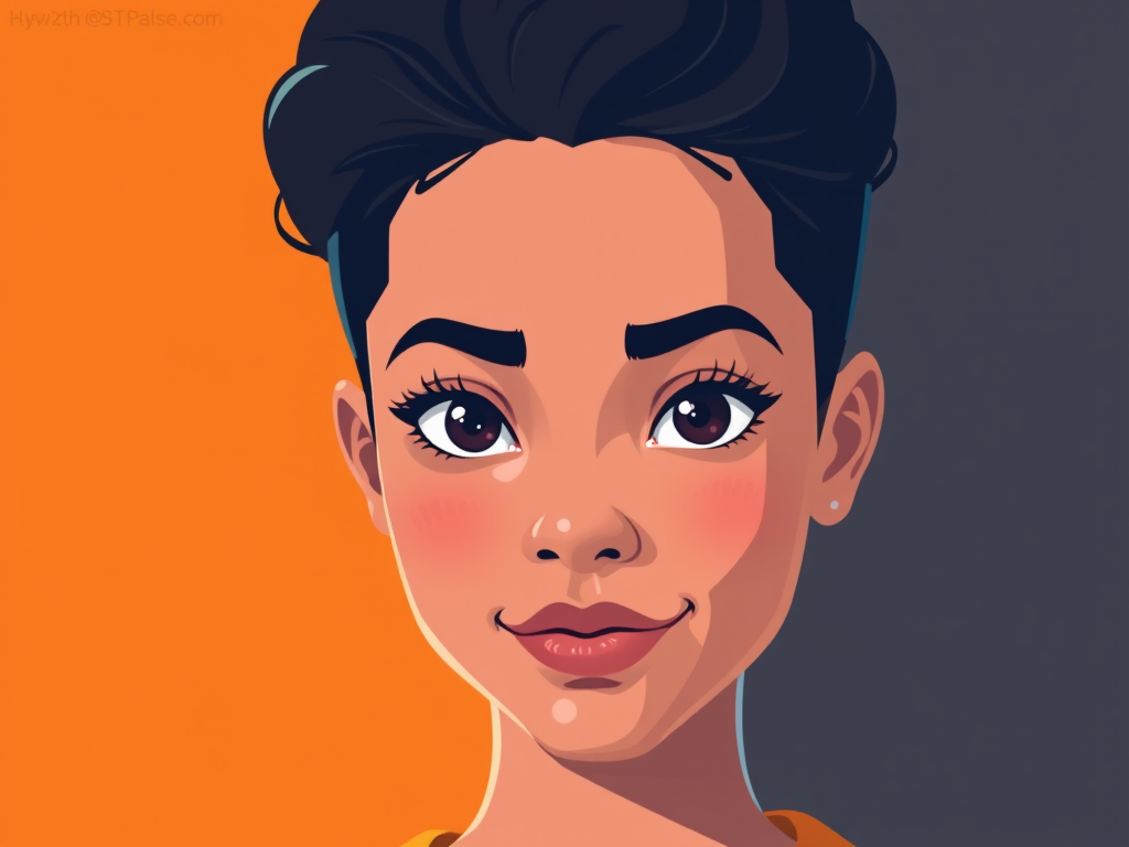 Create a digital illustration of a confident person with a neutral expression, featuring an orange backdrop and a stylized design; use a 50mm lens, f/2.8 aperture, ISO 100, and soft lighting to enhance the image quality.