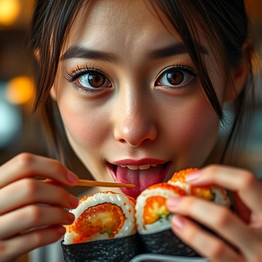 Capture a close-up of a young woman enjoying sushi, using a Canon EOS R5 with an 85mm f/1.4 lens, aperture set to f/2.8 for a shallow depth of field, shot in natural light with a warm color temperature, focusing on her expressive eyes and intricate details of the sushi, creating a soft bokeh in the background.