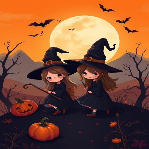 Create a Halloween-themed illustration featuring two cute witches in a spooky landscape with a full moon, add details like a pumpkin and bats, use a warm orange color palette, set the camera to f/2.8 aperture, ISO 100, 50mm lens, top-down view, using a digital painting style.