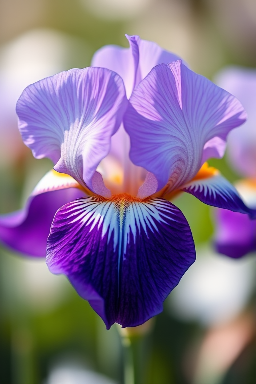 A close-up photograph of a purple and white iris flower with soft bokeh background, using a DSLR camera at f/2.8 aperture, ISO 100, shutter speed 1/200s, natural lighting, and a macro lens to enhance detail and color vibrancy.